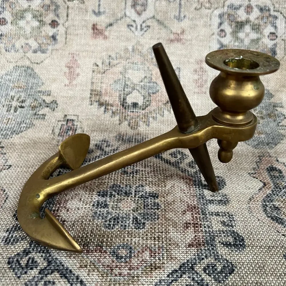 Vintage 60s Brass Anchor Candlestick Coastal‎ Nautical Decor